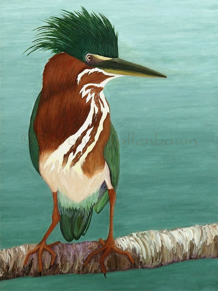 Painting of a Green Heron mother just after she swallowed a big yellow lizard.