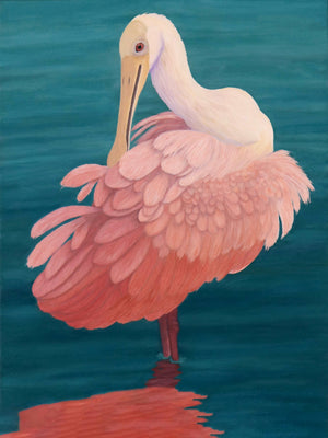 Acrylic Giclee Reproduction of a Roseate Spoonbill grooming.