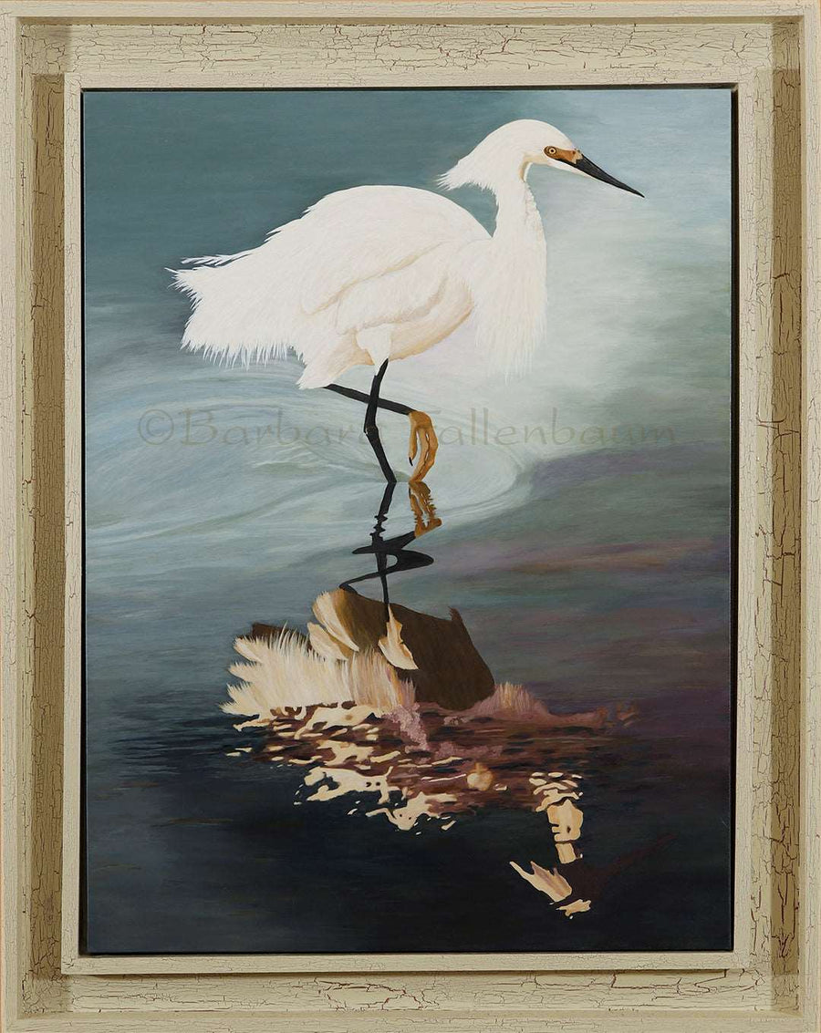 Snowy Egret's Golden Slipper Reflection - Original Acrylic Original Oils Barbara Fallenbaum 